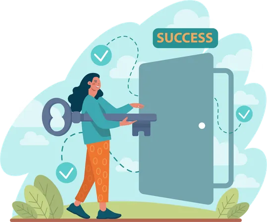 Woman unlocks success door  Illustration