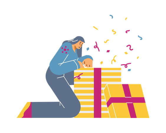Woman unpacksbox with gift or birthday present  Illustration