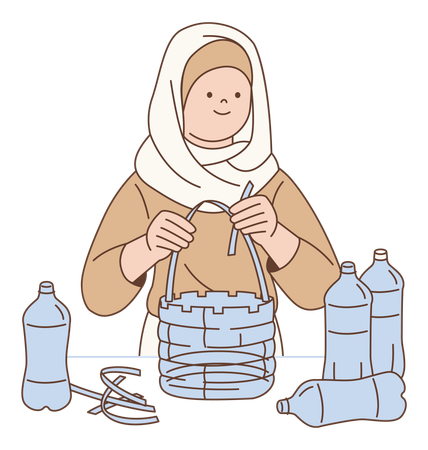 Woman Upcycling Plastic Bottles into Sustainable Bag Product  Illustration