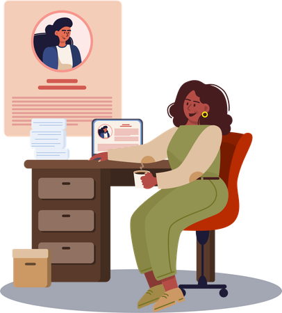 Woman updating her employee profile  イラスト