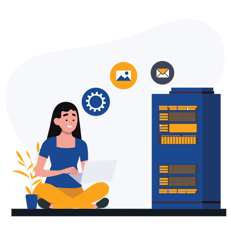 Woman upload data to database server  Illustration