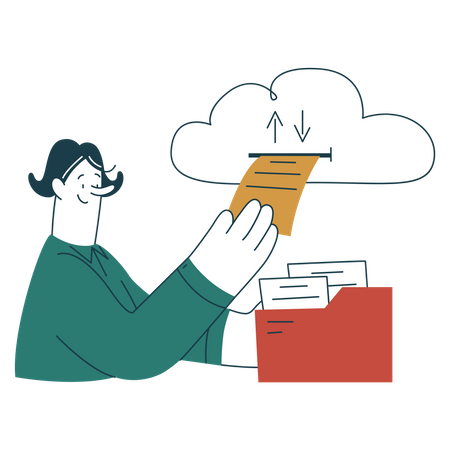 Woman upload documents to cloud  イラスト
