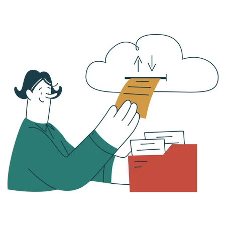 Woman upload documents to cloud  Illustration