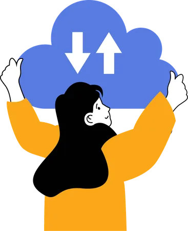 Woman uploading and downloading files to the cloud network  Illustration