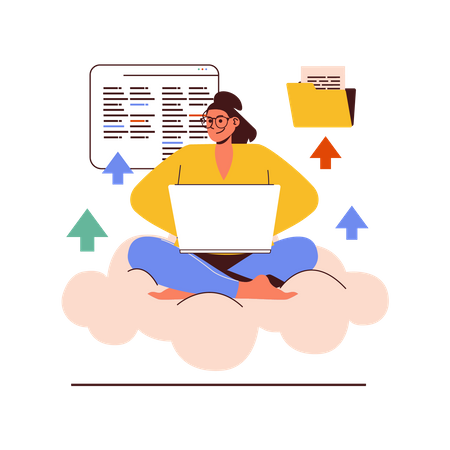 Woman uploading cloud data  Illustration