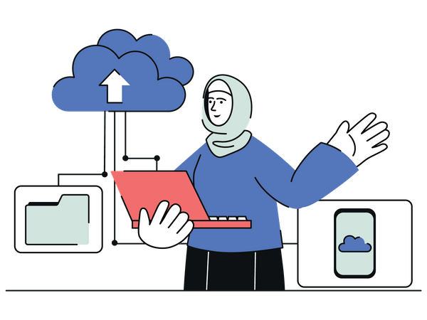 Woman uploading data in cloud Illustration