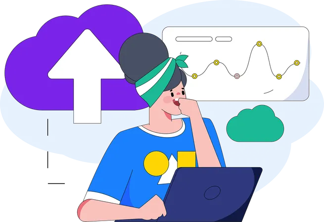 Woman uploading data in cloud  Illustration