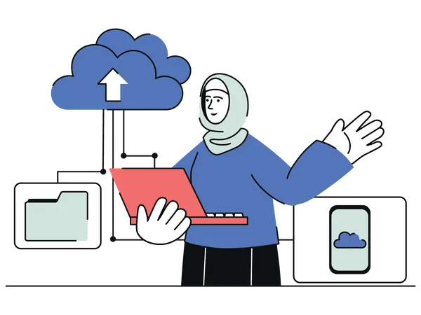 Woman uploading data in cloud  Illustration