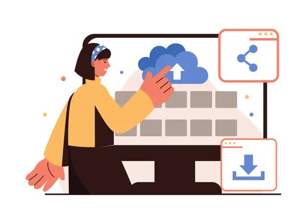 Woman uploading data to cloud  Illustration