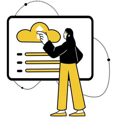 Woman uploading data to cloud  Illustration