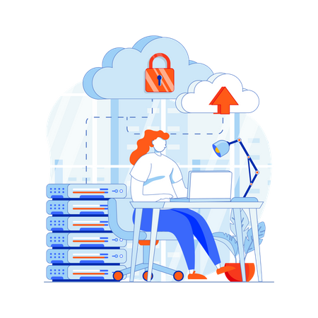 Woman uploading data to cloud servers  Illustration