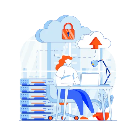 Woman uploading data to cloud servers  Illustration