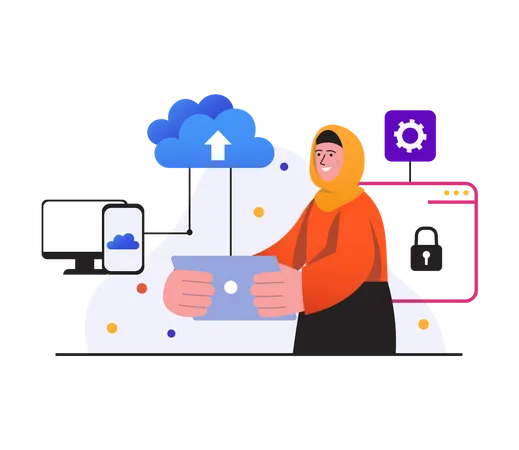 Woman uploading data to secure cloud Illustration