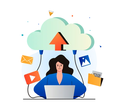 Woman uploading data to secure cloud Illustration