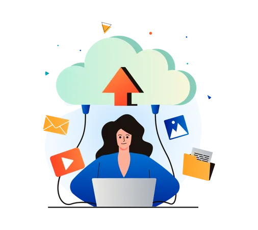 Woman uploading data to secure cloud  Illustration