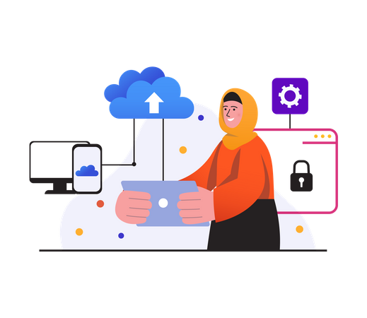 Woman uploading data to secure cloud  Illustration