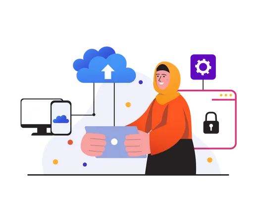 Woman uploading data to secure cloud  Illustration