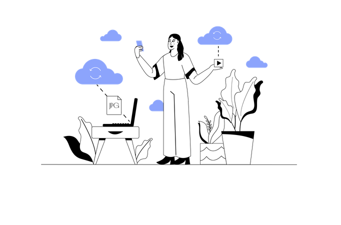 Woman uploads downloads data from cloud  Illustration