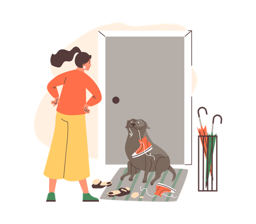 Woman upset from naughty dog chewing  Illustration