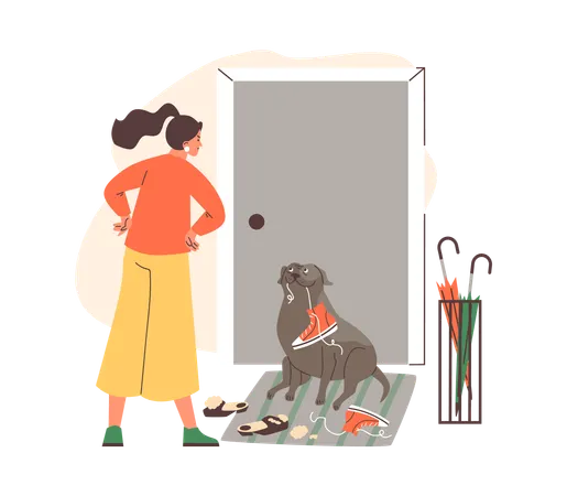 Woman upset from naughty dog chewing  Illustration