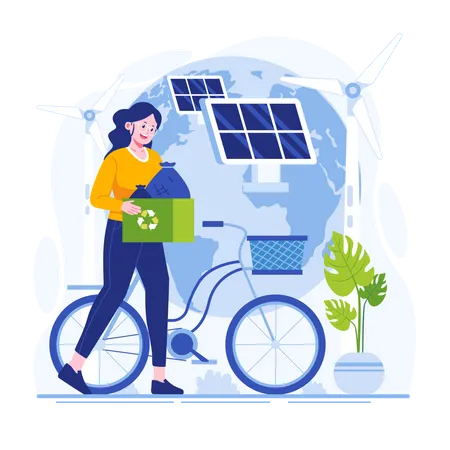 Woman use eco-friendly energy to save earth  イラスト