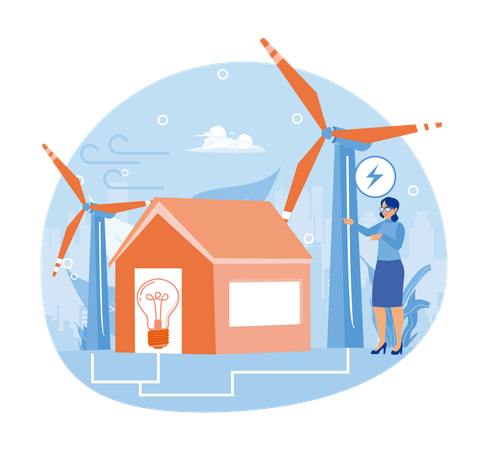 Woman use Environmentally Friendly Electricity And Windmills  Illustration