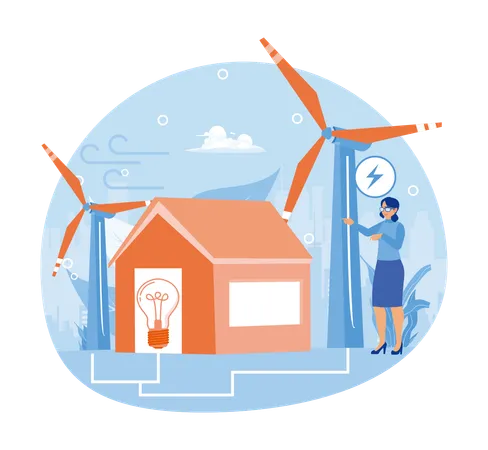 Woman use Environmentally Friendly Electricity And Windmills  Illustration