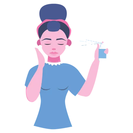 Woman use makeup setting spray on face  Illustration