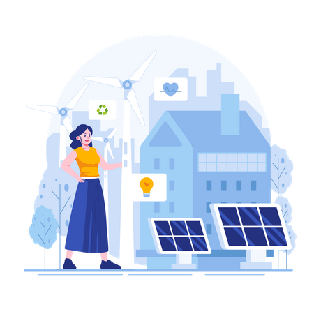 Woman use renewable solar energy to save earth  Illustration