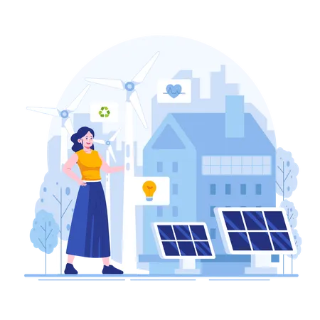 Woman use renewable solar energy to save earth  Illustration
