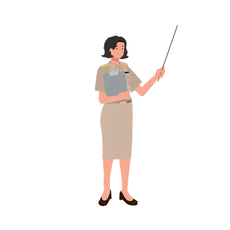 Female Thai Government Officers In Uniform Woman Thai Teacher Holding Pointer Stick And Clipboard Explaining Knowledge Vector Illustration Illustration