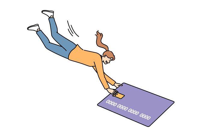 Woman uses bank credit card for contactless payment in online store and online shopping  Illustration