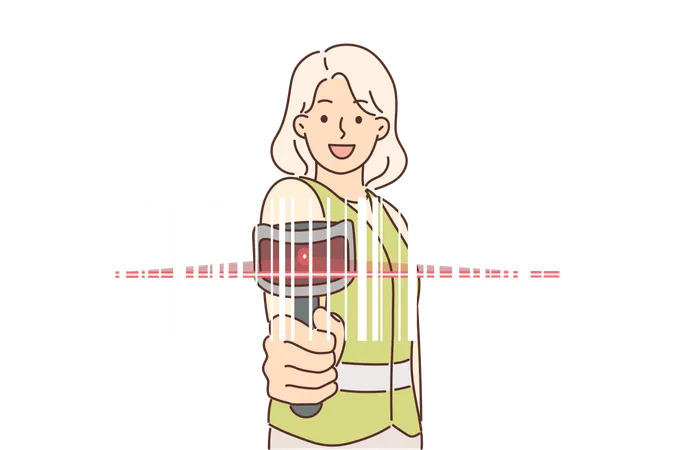 Woman Uses Barcode Scanner To Track Goods In Storage Or Transport Across Warehouse Girl Warehouse Worker With Smile Holds Data Collection Terminal For Fulfillment Process And Preparation For Delivery Illustration