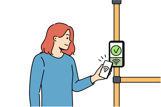 Woman uses bus terminal to accept contactless payments by touching phone to NFC sensor  Illustration