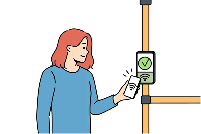 Woman Uses Bus Terminal To Accept Contactless Payments By Touching Phone To NFC Sensor Smiling Girl Rejoices At Presence Of NFC Technology For Payment Via Smartphone In Public Transport Illustration