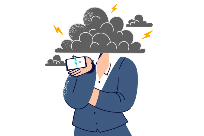 Woman Uses Cloud Technologies To Exchange Messages With Colleagues Stands Under Cloud Covering Head Girl Experiences Anger And Rage Sending Audio Letter To Subordinates Via Mobile Technology Illustration