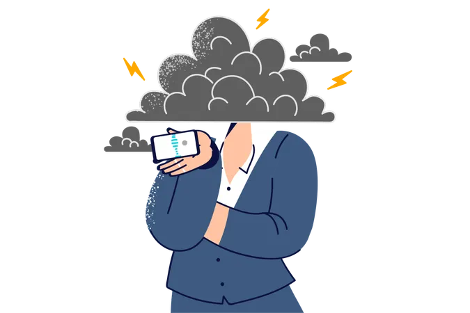 Woman uses cloud technologies to exchange messages with colleagues and standing under cloud covering head  Illustration