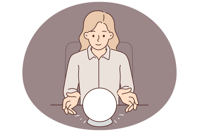 Woman uses crystal ball to predict future during seance and provide psychic services  Illustration