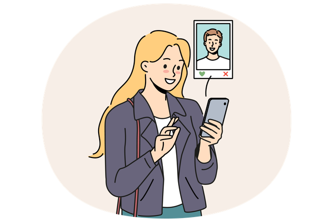 Woman uses dating app on mobile phone choosing guy likes by photo and browsing profile  Illustration