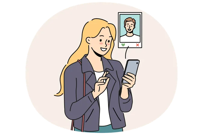 Woman uses dating app on mobile phone choosing guy likes by photo and browsing profile  Illustration