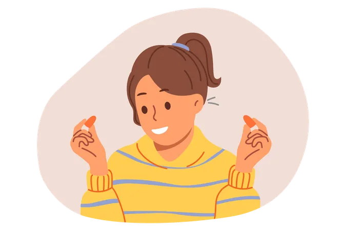 Woman Uses Earplugs To Block Out Noise From Neighbors So Can Concentrate Or Sleep Earplugs In Hands Of Happy Teenage Girl Preparing Ready To Start Work And Getting Rid Of Distractions Illustration
