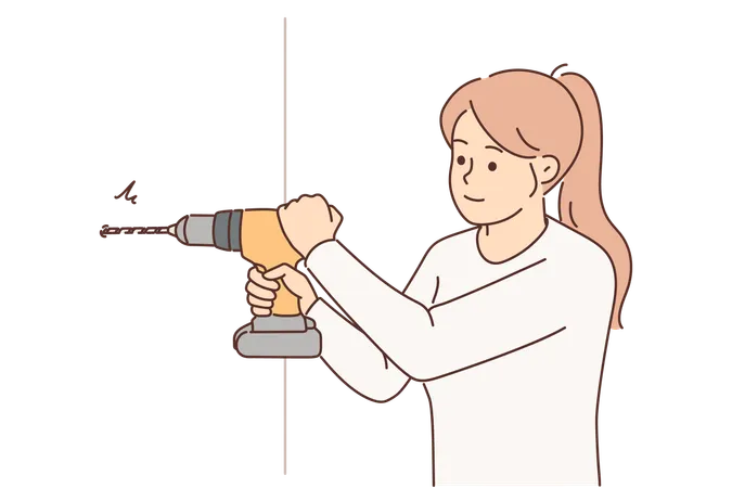Woman Uses Electric Drill To Create Hole In Wall And Hang Shelf Or Picture In Apartment Independent Girl With Drill Makes Repairs In Room With Own Hands And Prepares Place For Wall Cabinet Or Hanger Illustration