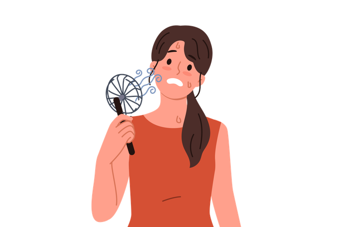 Woman uses electric fan to stop sweating and prevent exhaustion in hot summer weather  Illustration