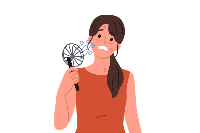 Woman uses electric fan to stop sweating and prevent exhaustion in hot summer weather  Illustration