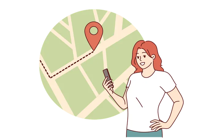 Woman uses electronic map in mobile phone to plot route or track courier delivery  Illustration