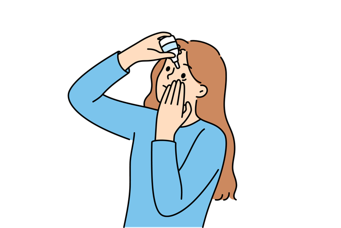 Woman uses eye drops to improve vision or reduce dry pupils causing ophthalmic diseases  Illustration