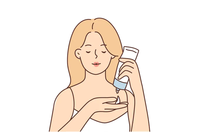 Woman Uses Facial Moisturizer Cream And Holds Tube Squeezing Anti Aging Lotion Into Palm Beautiful Girl Demonstrates Sunscreen Or Cosmetic Cream To Protect Skin From Harmful Effects Of Sunlight Illustration