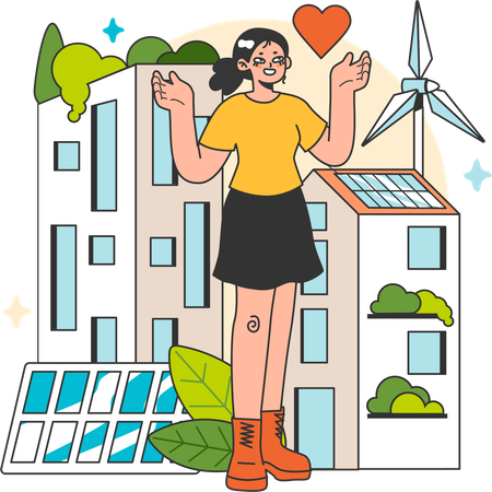 Woman uses green energy in home  Illustration