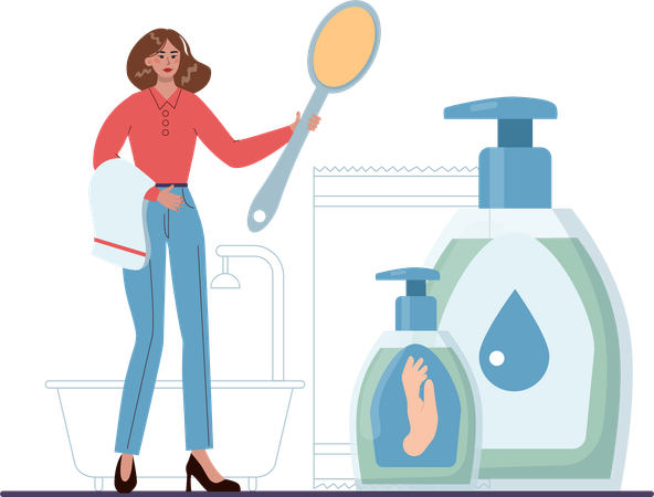 Woman uses hand wash for cleaning hands  Illustration