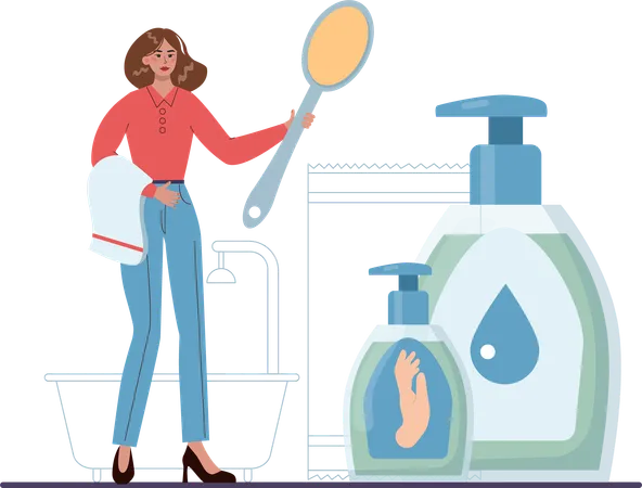 Woman uses hand wash for cleaning hands  イラスト